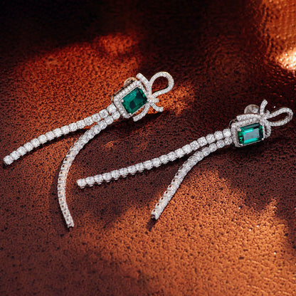 Bow-knot Tassel Lab Created Emerald Earrings in Sterling Silver sides