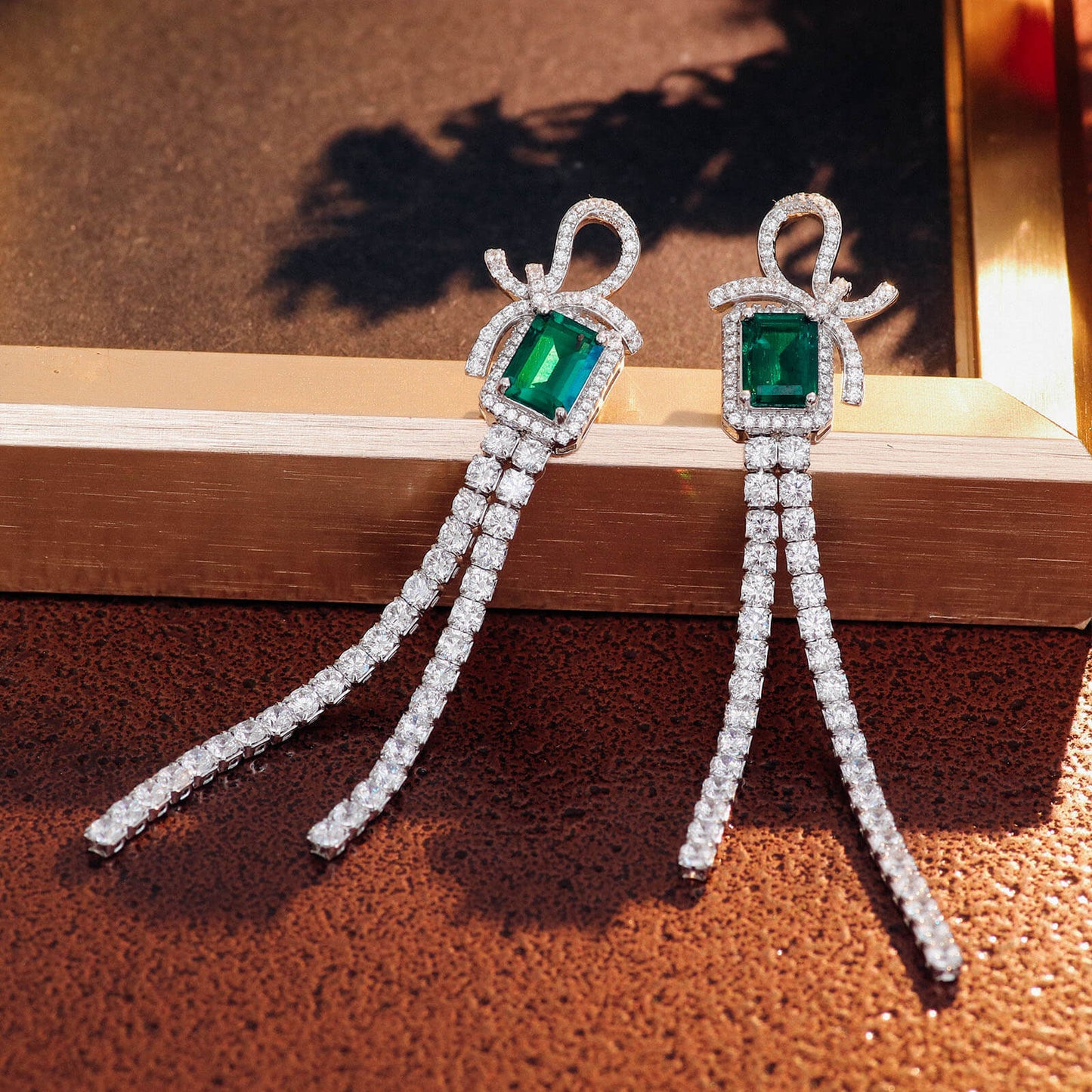 Bow-knot Tassel Lab Created Emerald Earrings in Sterling Silver 