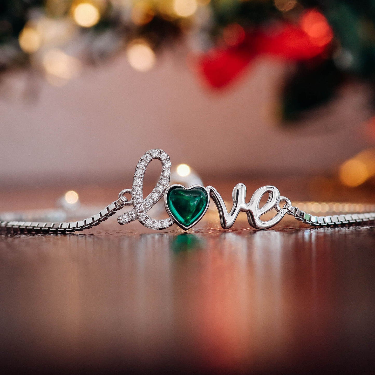 Love Pendant Lab Created Emerald Bracelet in Sterling Silver front