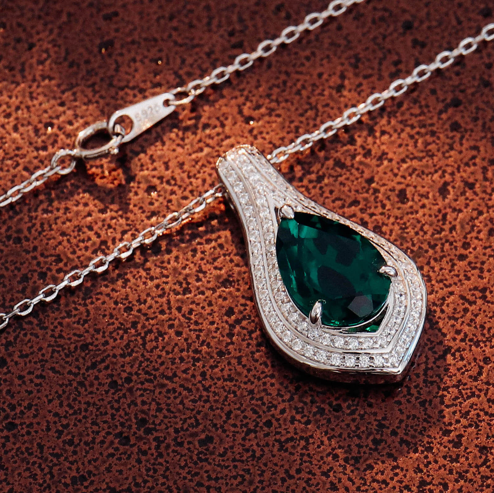 Luxury Pear Lab Created Emerald Necklace in Sterling Silver pendant