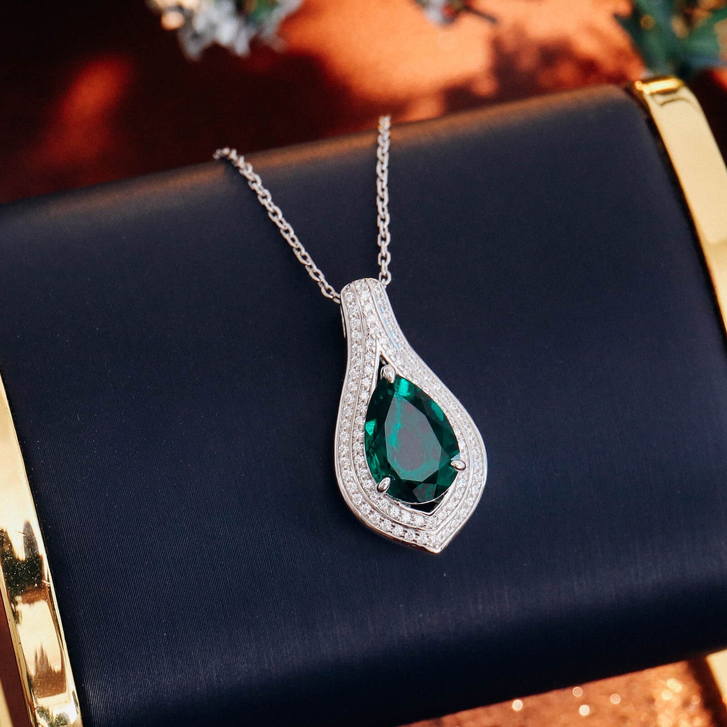 Luxury Pear Lab Created Emerald Necklace in Sterling Silver 