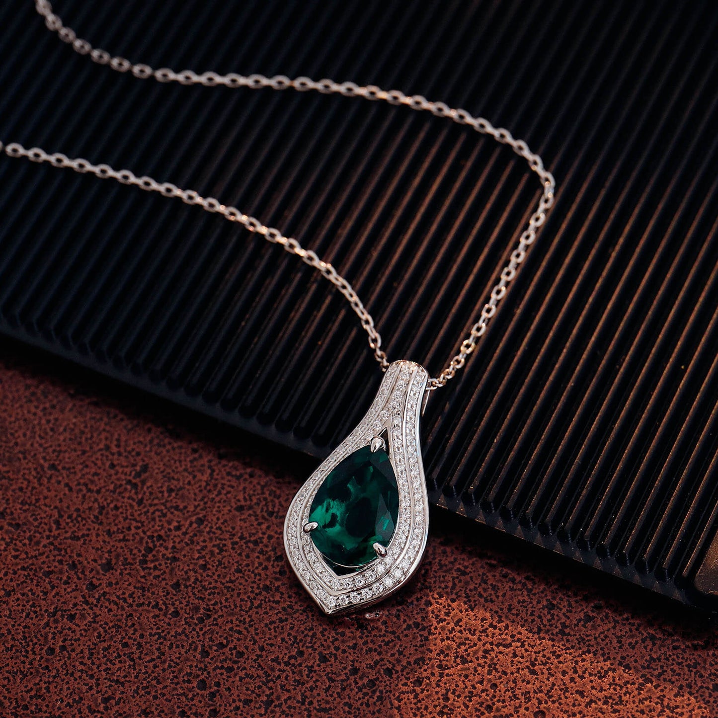 Luxury Pear Lab Created Emerald Necklace in Sterling Silver 