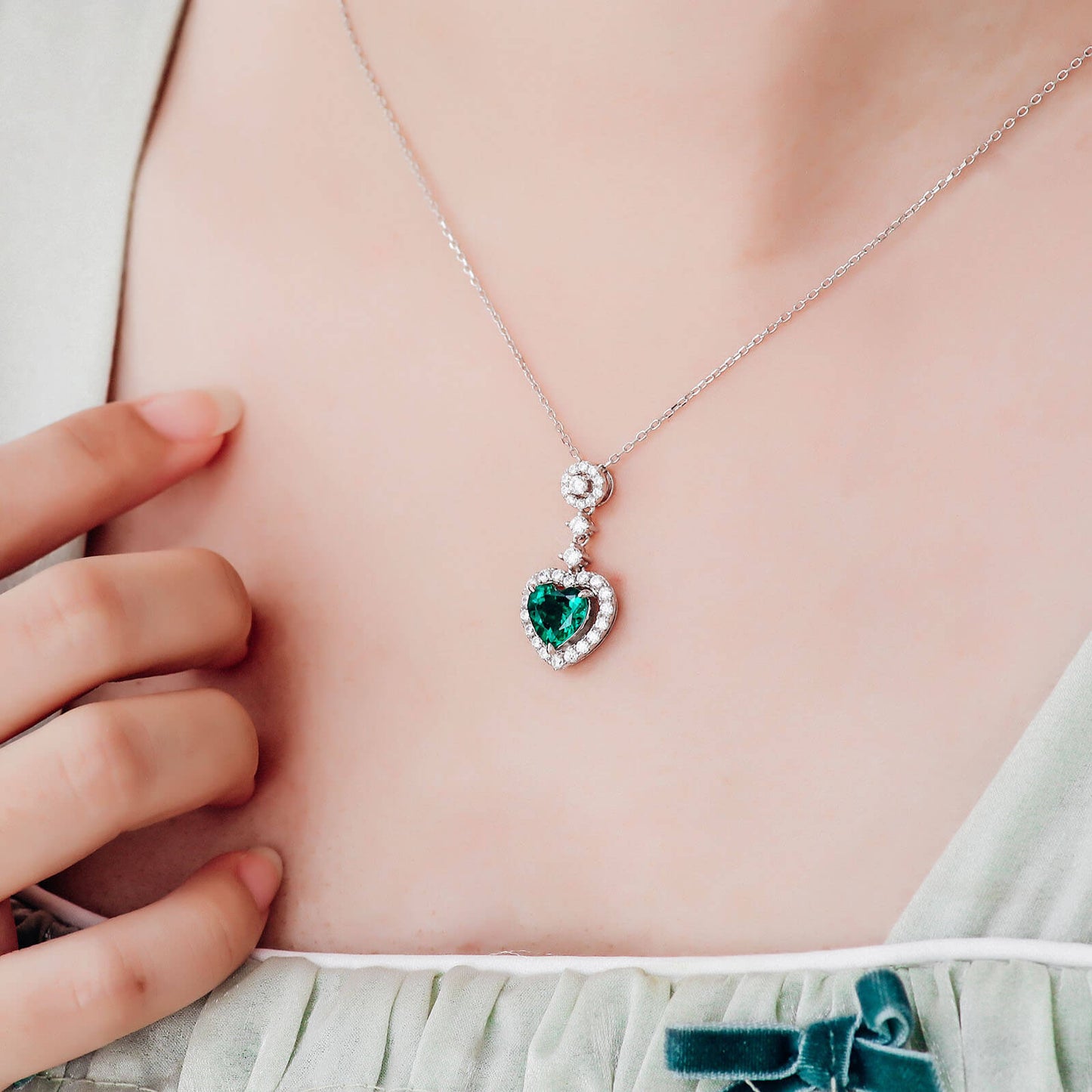 Heart Lab Created Emerald Necklace in Sterling Silver model