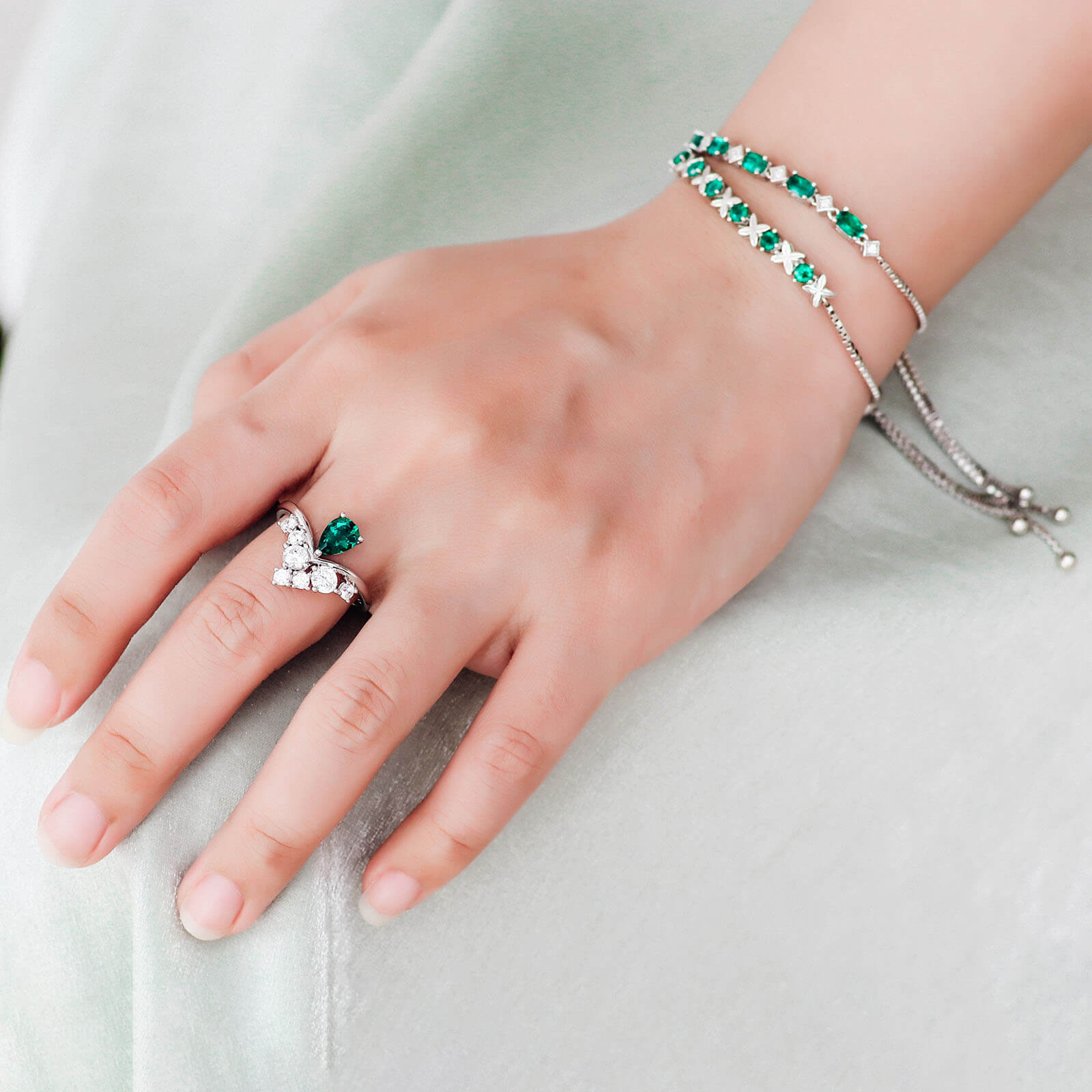 Oval and Rhombus Lab Created Emerald Bracelet in Sterling Silver model