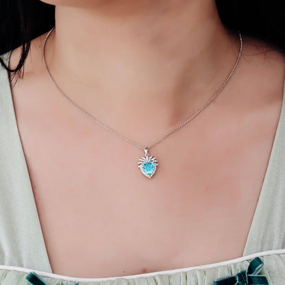 Blue Heart Flower Lab Created Gem Necklace in Sterling Silver model