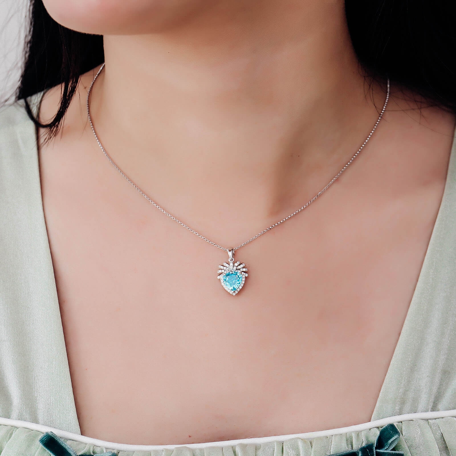 Blue Heart Flower Lab Created Gem Necklace in Sterling Silver model