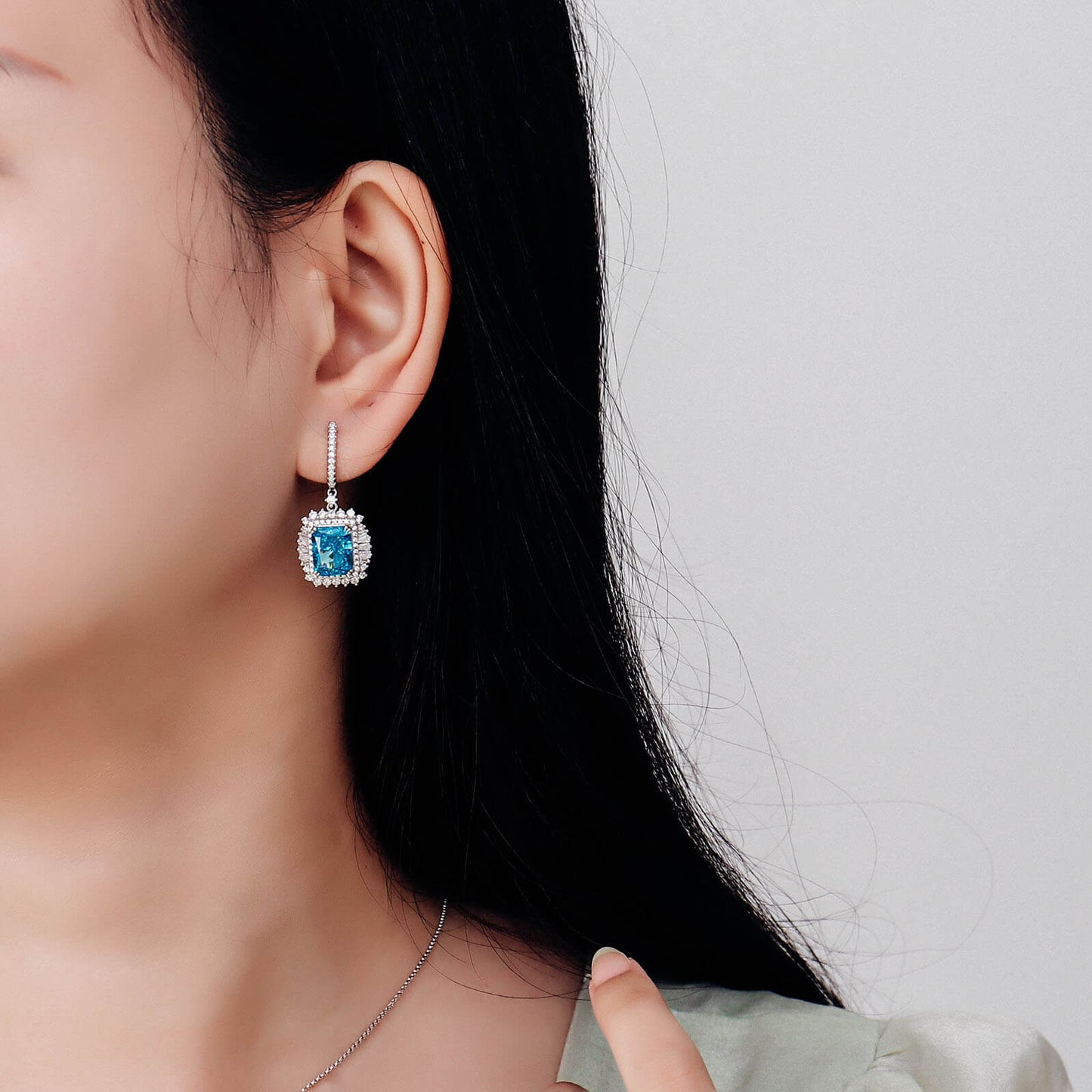 Luxury Blue Radiant Lab Created Gem Earrings in Sterling Silver model