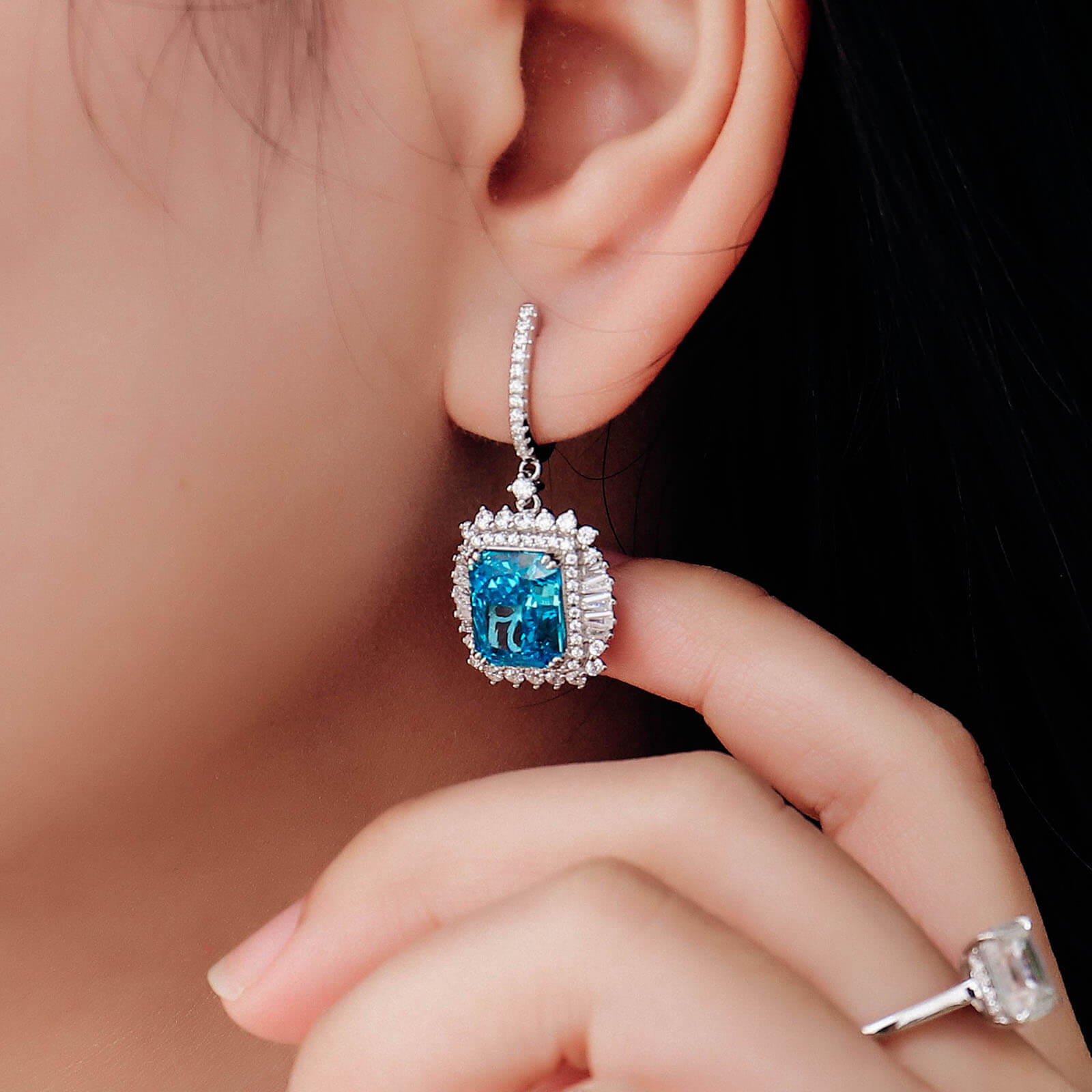 Luxury Blue Radiant Lab Created Gem Earrings in Sterling Silver model