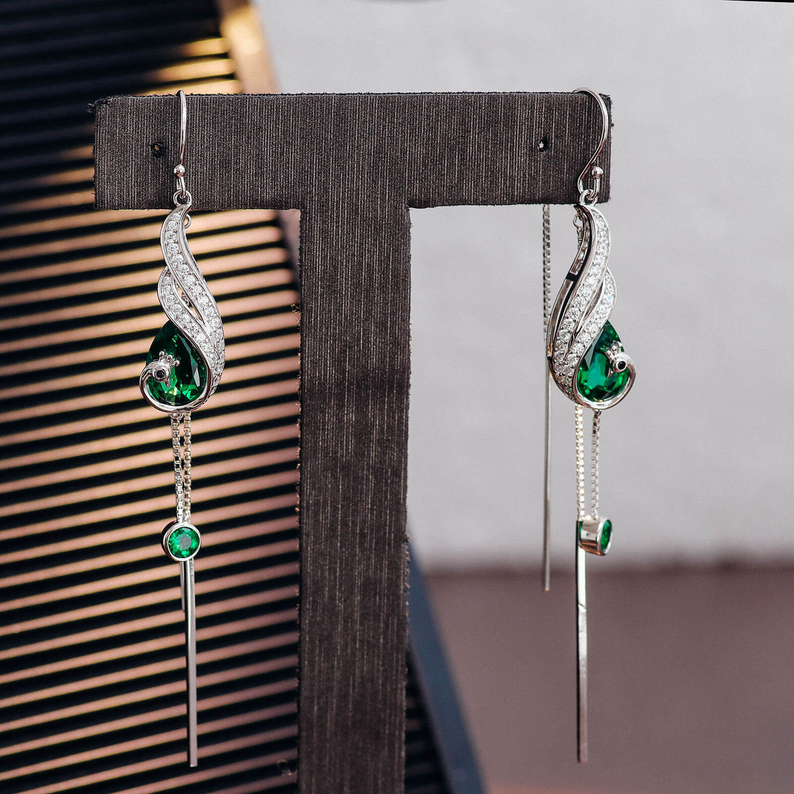 Peacock Tassel Lab Created Emerald Earrings in Sterling Silver front