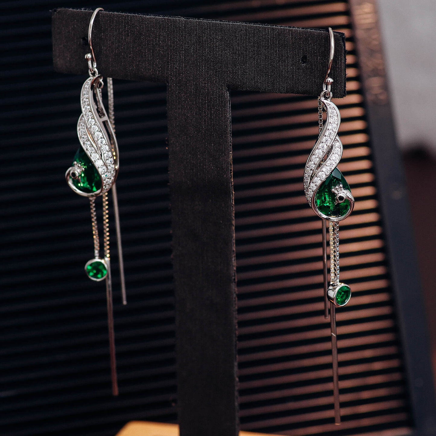 Peacock Tassel Lab Created Emerald Earrings in Sterling Silver 