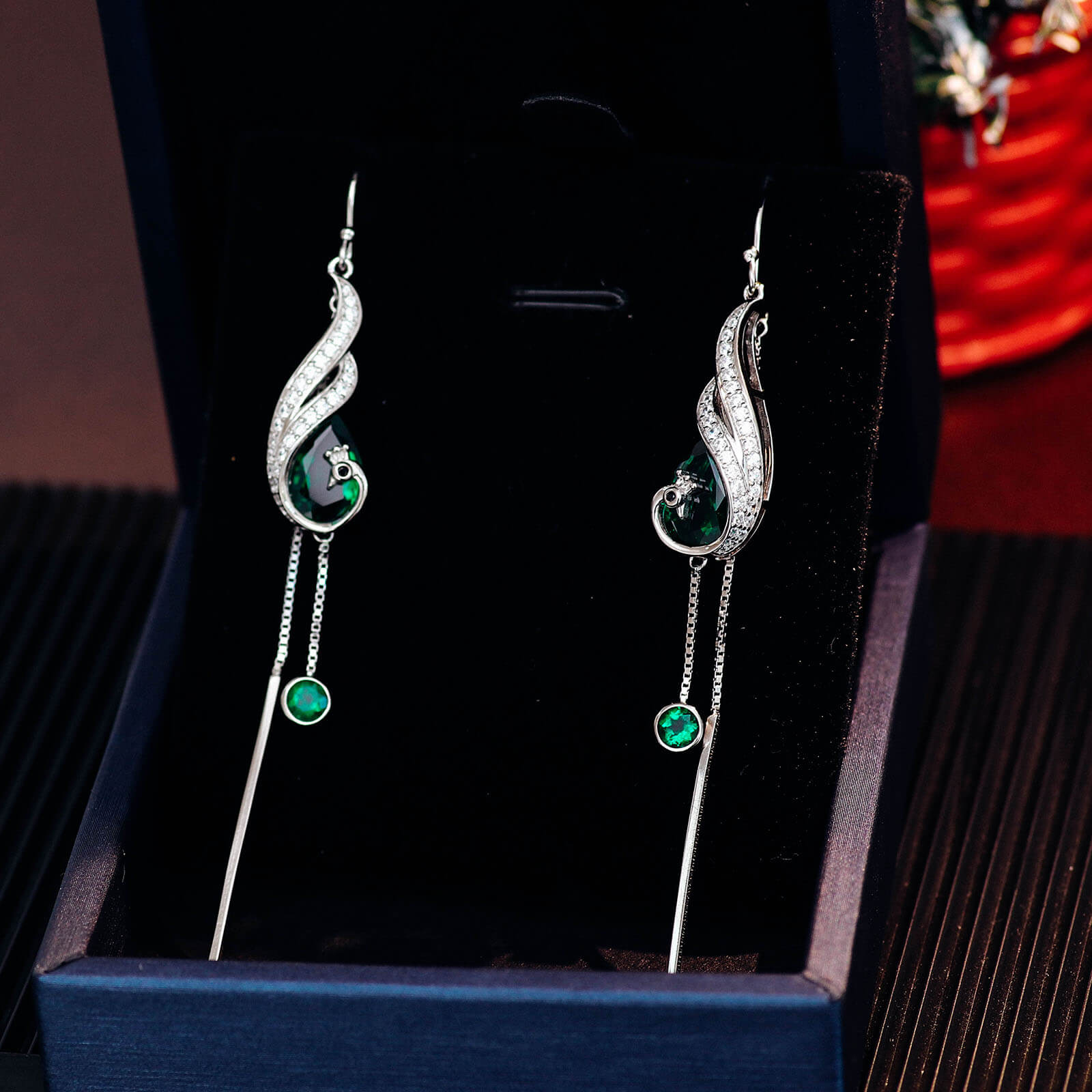 Peacock Tassel Lab Created Emerald Earrings in Sterling Silver 