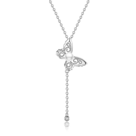 Lace Butterfly Garden Pearl Zircon Necklace in Sterling Silver - Feelive