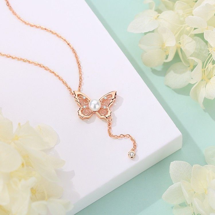 Lace Butterfly Garden Pearl Zircon Necklace in Sterling Silver rose gold