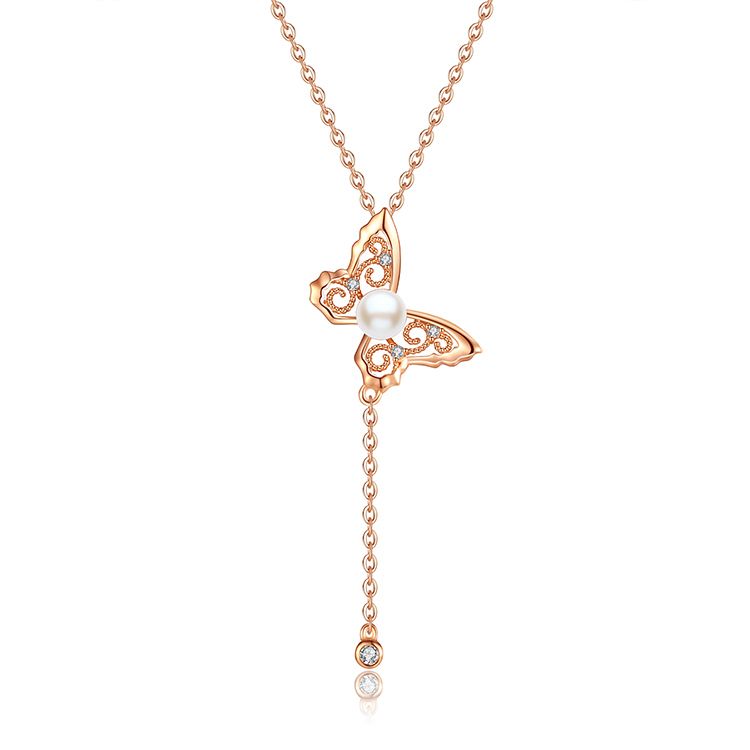 Lace Butterfly Garden Pearl Zircon Necklace in Sterling Silver rose gold