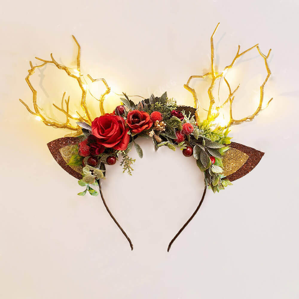 FEELIVE Glowing Simulated Reindeer Antler Rose Headband【Free Gift Box】