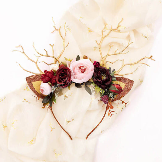 FEELIVE Glowing Simulated Reindeer Antler Burgundy Rose Headband【Free Gift Box】