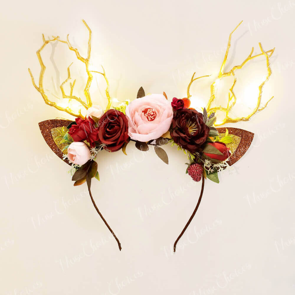 FEELIVE Glowing Simulated Reindeer Antler Burgundy Rose Headband【Free Gift Box】