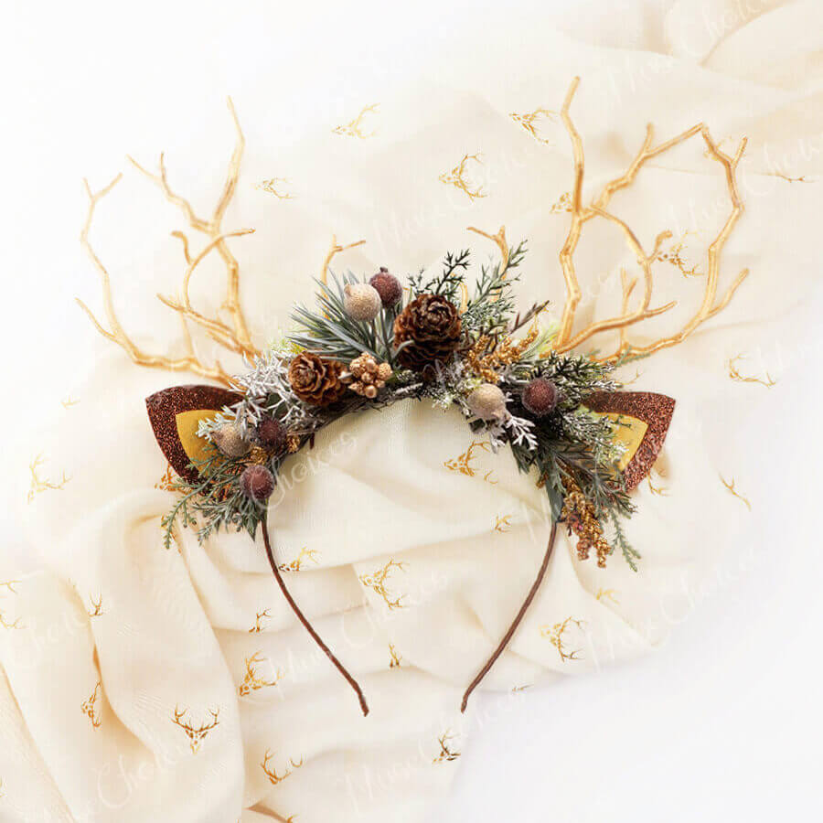 FEELIVE Glowing Simulated Reindeer Antler Pine Cones Headband【Free Gift Box】