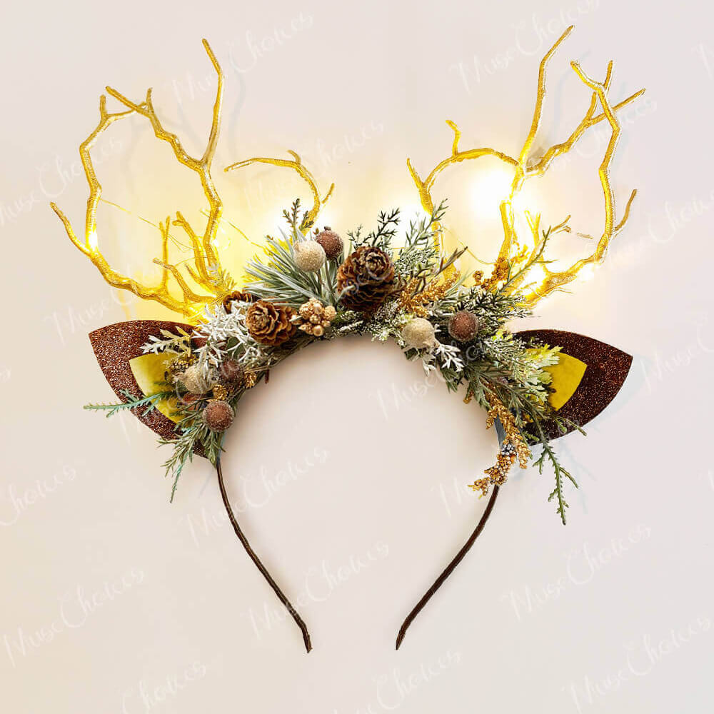 FEELIVE Glowing Simulated Reindeer Antler Pine Cones Headband【Free Gift Box】