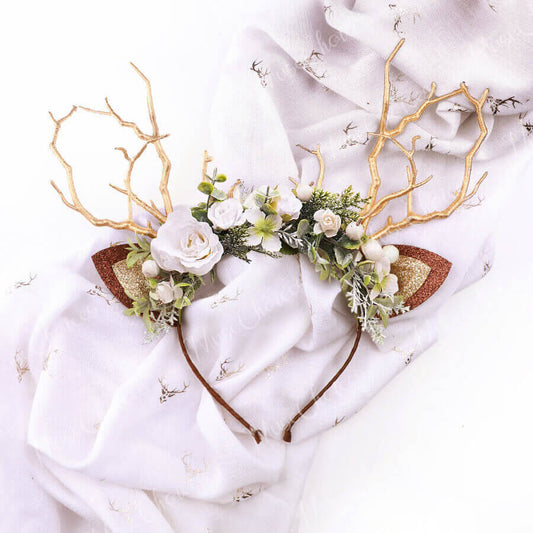 FEELIVE Glowing Simulated Reindeer Antler White Flowers and Sage Headband【Free Gift Box】