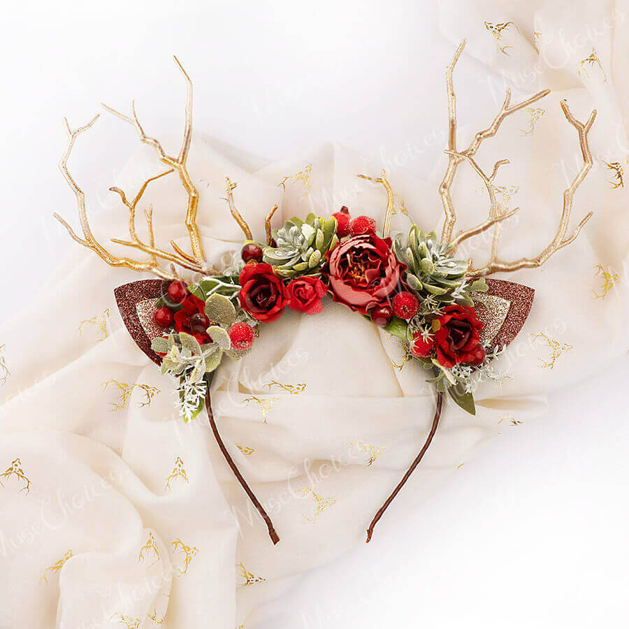 FEELIVE Glowing Simulated Reindeer Antler Forest Rose Headband【Free Gift Box】