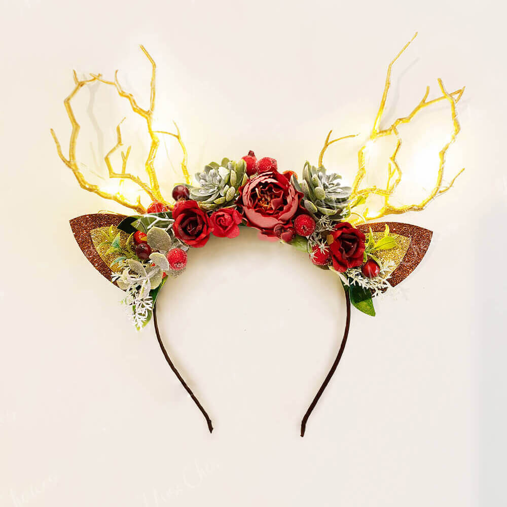 FEELIVE Glowing Simulated Reindeer Antler Forest Rose Headband【Free Gift Box】