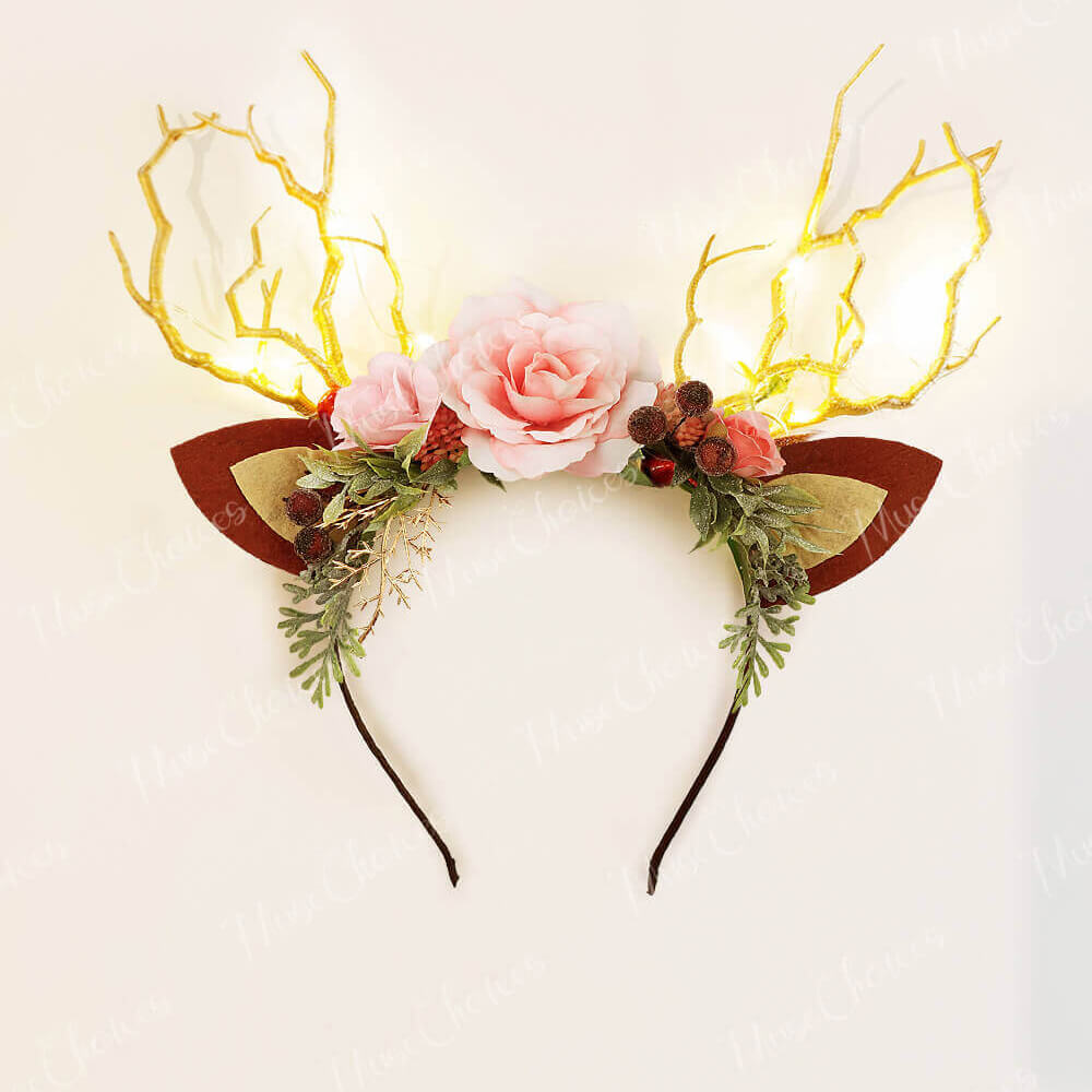 FEELIVE Glowing Simulated Reindeer Antler Pink Forest Headband【Free Gift Box】