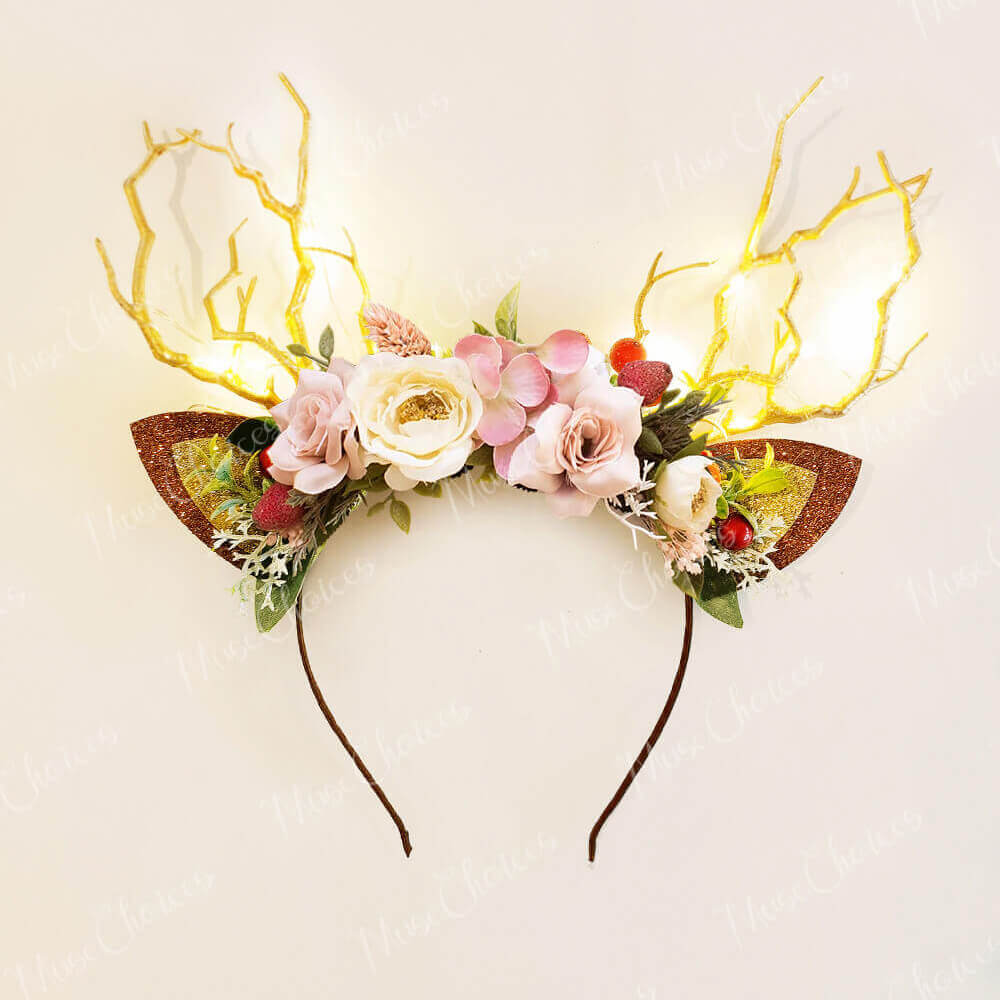 FEELIVE Glowing Simulated Reindeer Antler Burgundy Spring Headband【Free Gift Box】