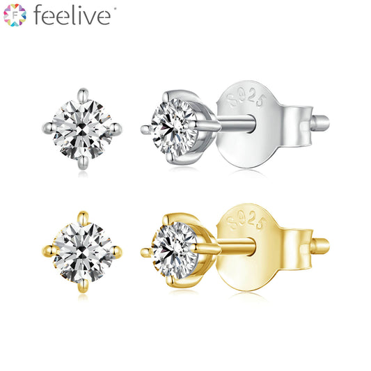 Four-claw Set Round Moissanite Earrings in Sterling Silver - Feelive