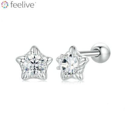 Cute Star Round-cut Moissanite Stud Earrings in Silver with Ball Back - Feelive