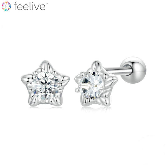 Cute Star Round-cut Moissanite Stud Earrings in Silver with Ball Back - Feelive