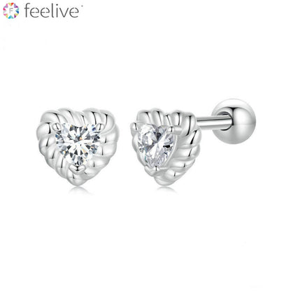 Heart-cut Moissanite Stud Earrings in Silver with ball back - Feelive