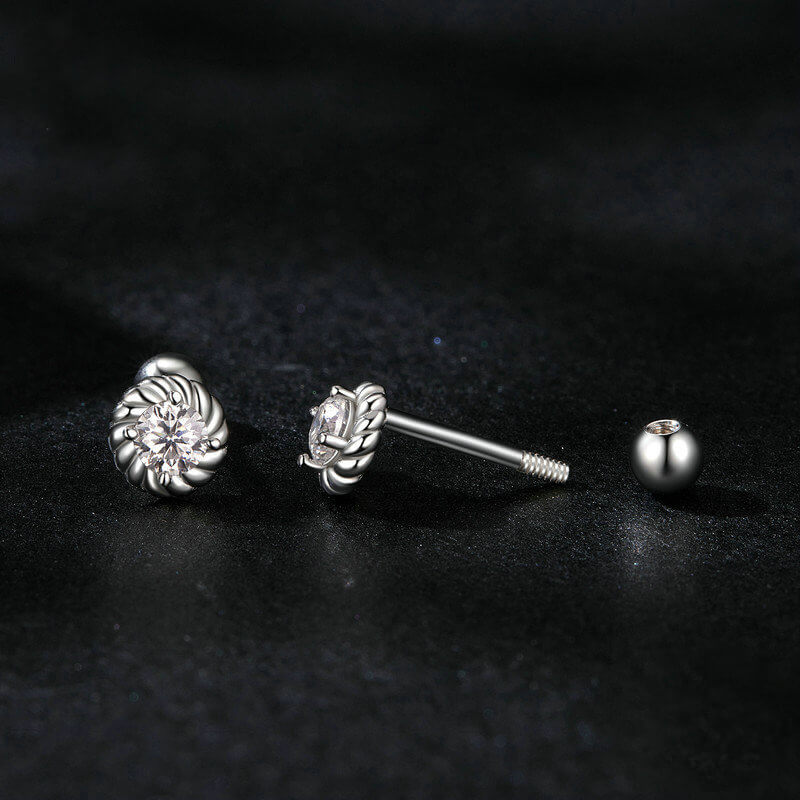 Round-cut Moissanite Stud Earrings in Silver with ball back - front & back