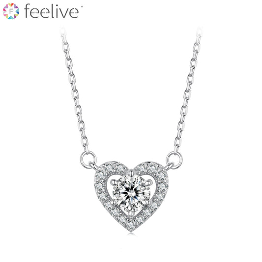 Halo Heart Pendant Moissanite Necklace in Sterling Silver - Feelive