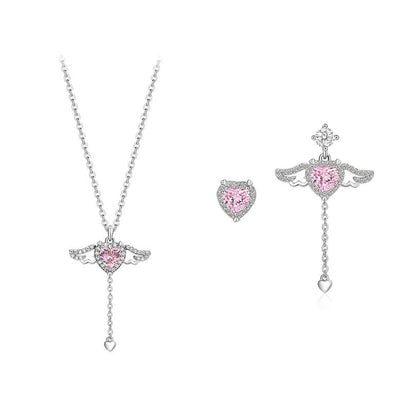 Cupid Heart Angel Wings Silver Necklace Earrings Set