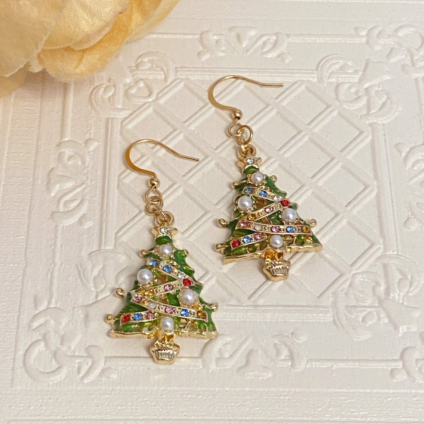 Vintage Christmas Tree Gems Alloy Drop Earrings