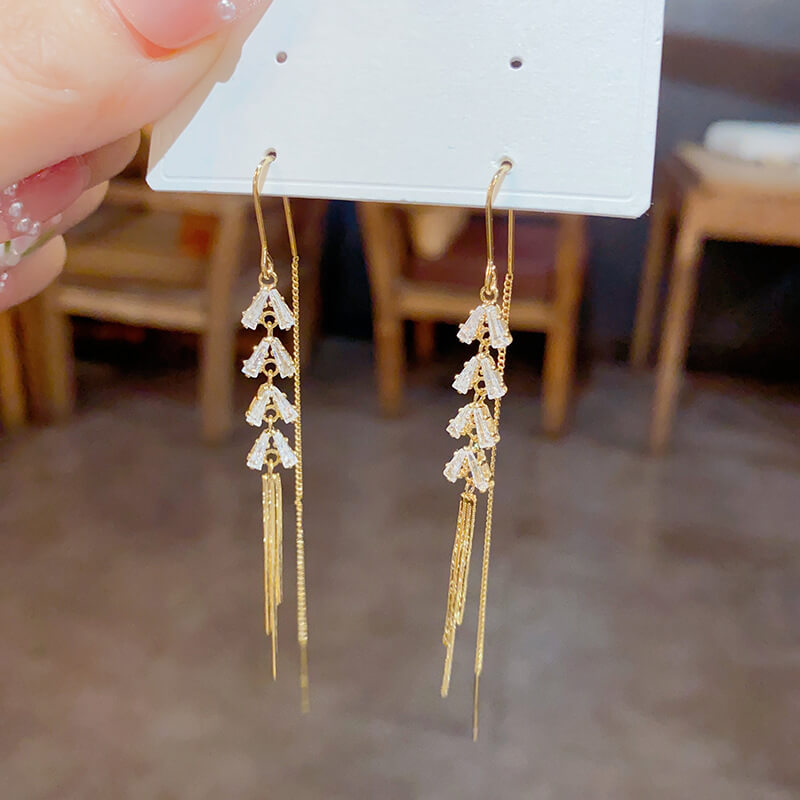 FEELIVE Elegant Style Wheat Tassel Zircon Long Threader Earrings