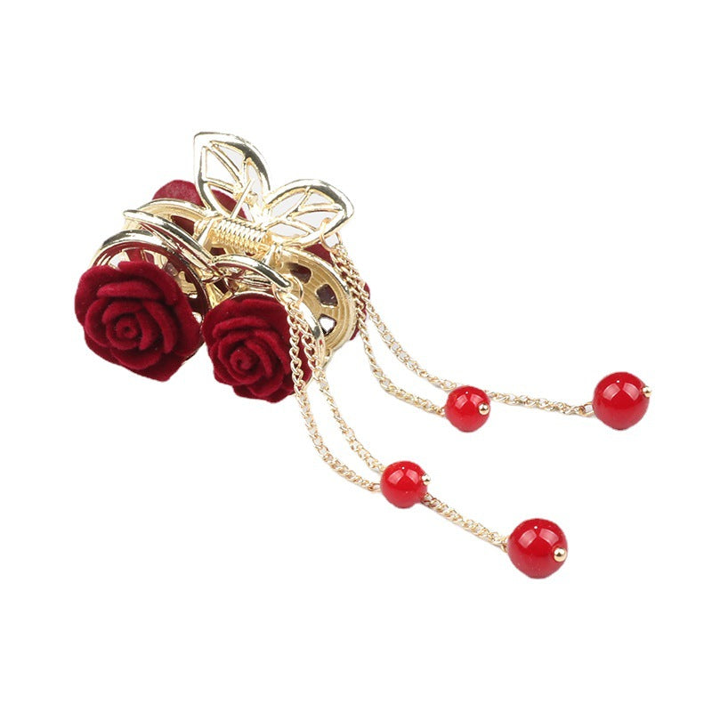 Feelive Elegant Red Rose Tassel Flocking Hair Claw Clip