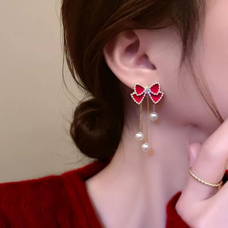 FEELIVE Detachable Sweet Style Red Bow Pearl Tassel Earrings