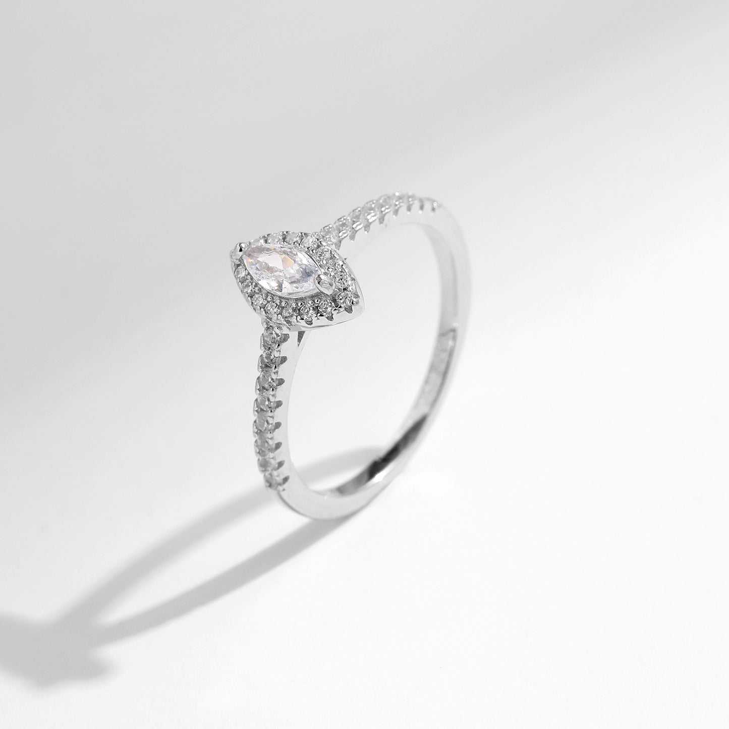 Small Marquise Cut Zircon Silver Halo Ring