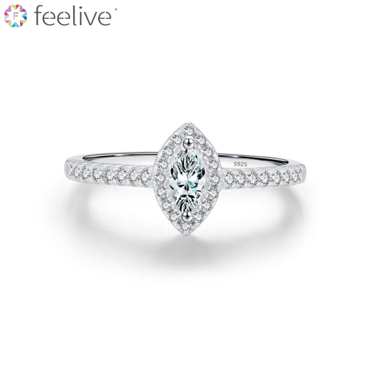 Small Marquise Cut Zircon Silver Halo Ring