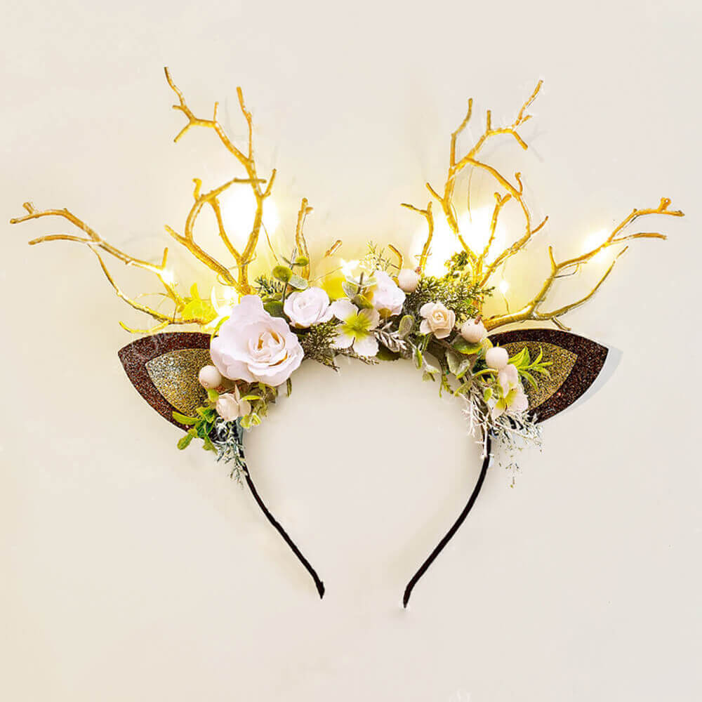 FEELIVE Glowing Simulated Reindeer Antler White Flowers and Sage Headband【Free Gift Box】