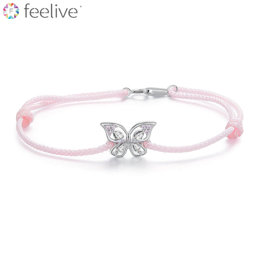 Pink Butterfly Zircon Braid Bracelet in Sterling Silver - Feelive