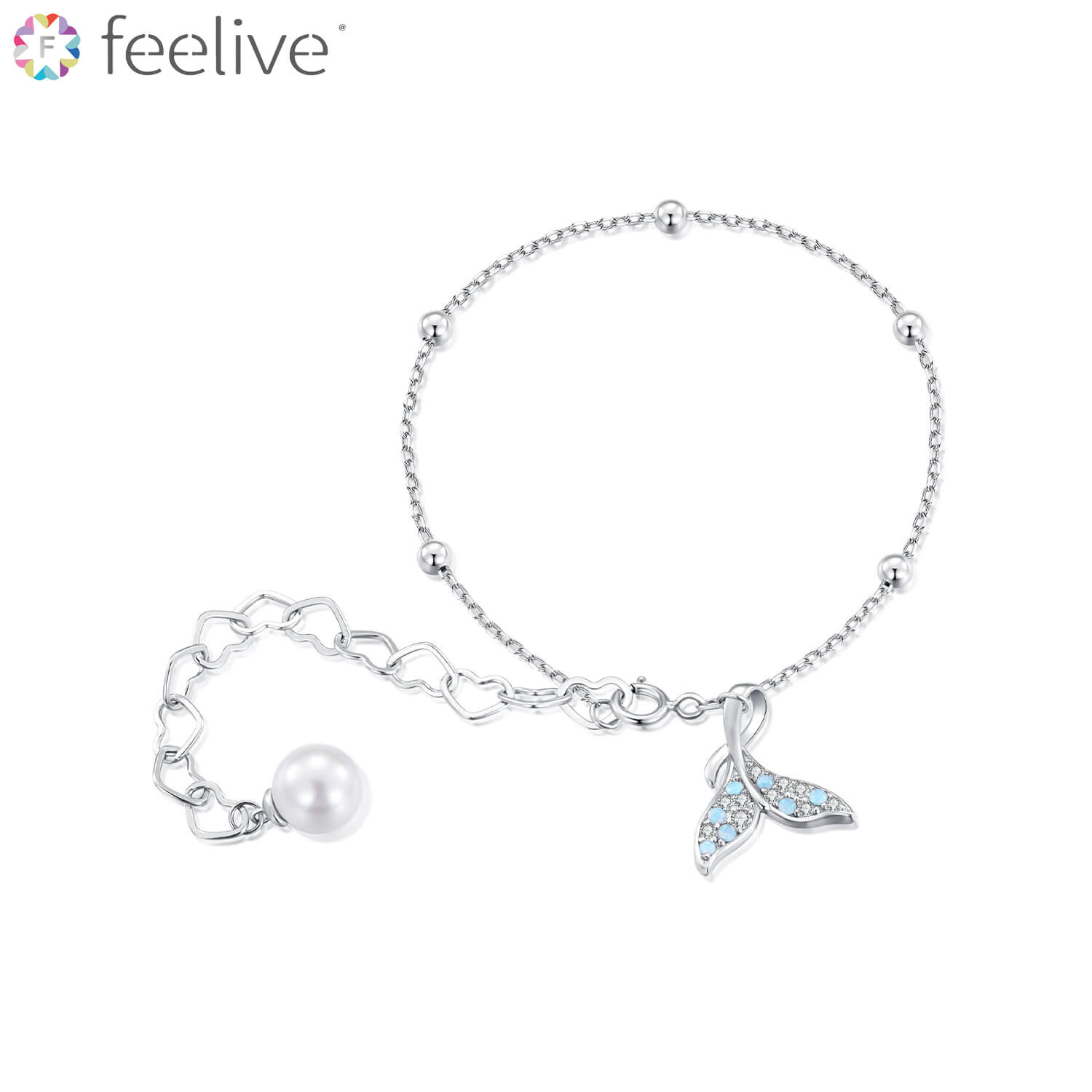 Fantasy Mermaid Tail Pearl Gems Bracelet in Sterling Silver - Feelive