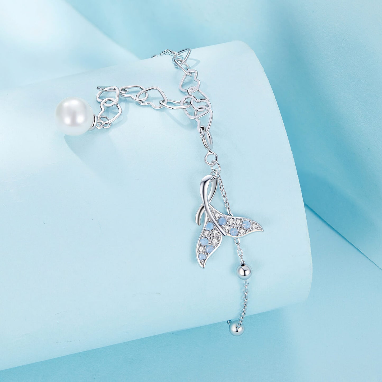 Fantasy Mermaid Tail Pearl Gems Bracelet in Sterling Silver side