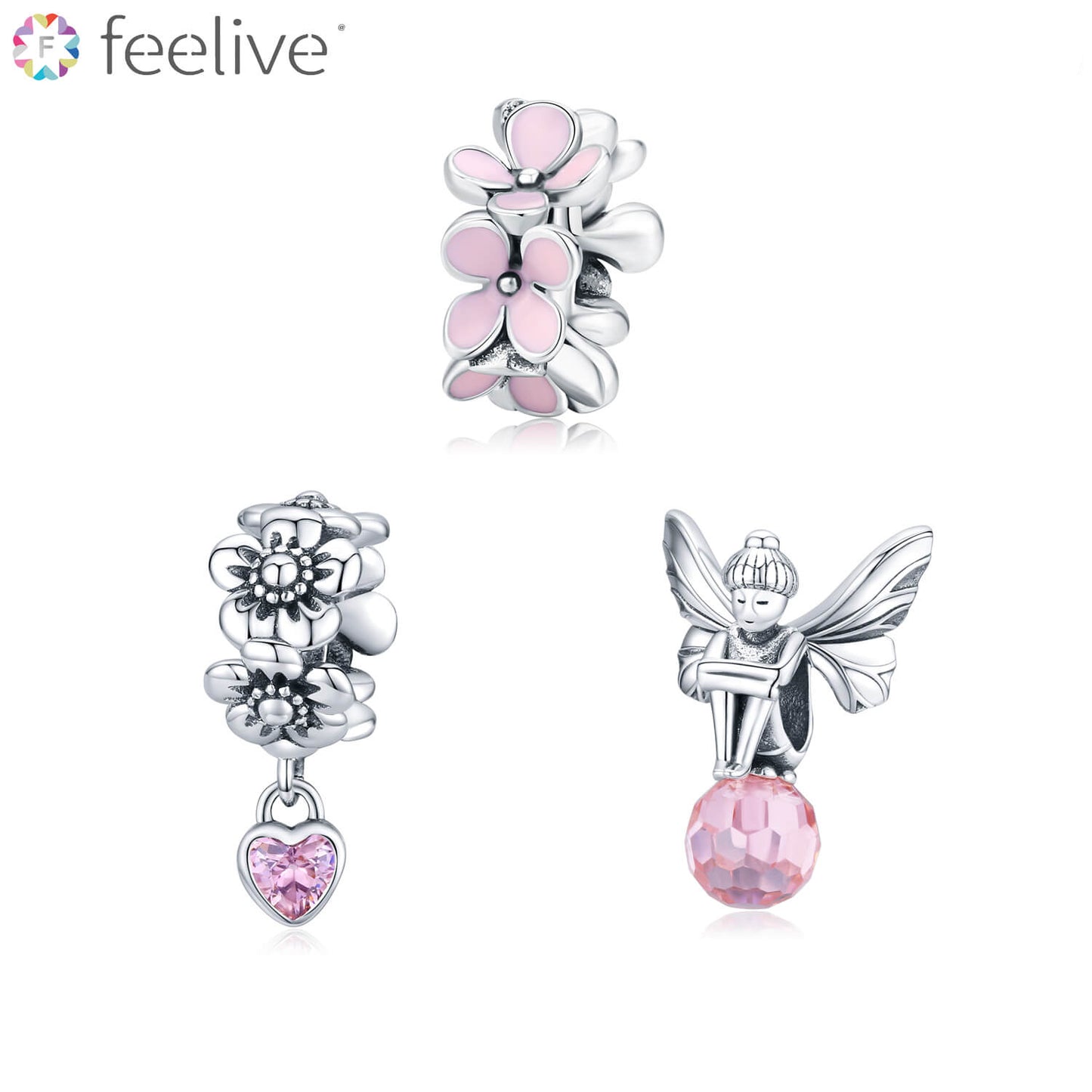 Pink Garden Enamel Zircon Charms Set in Sterling Silver - Feelive