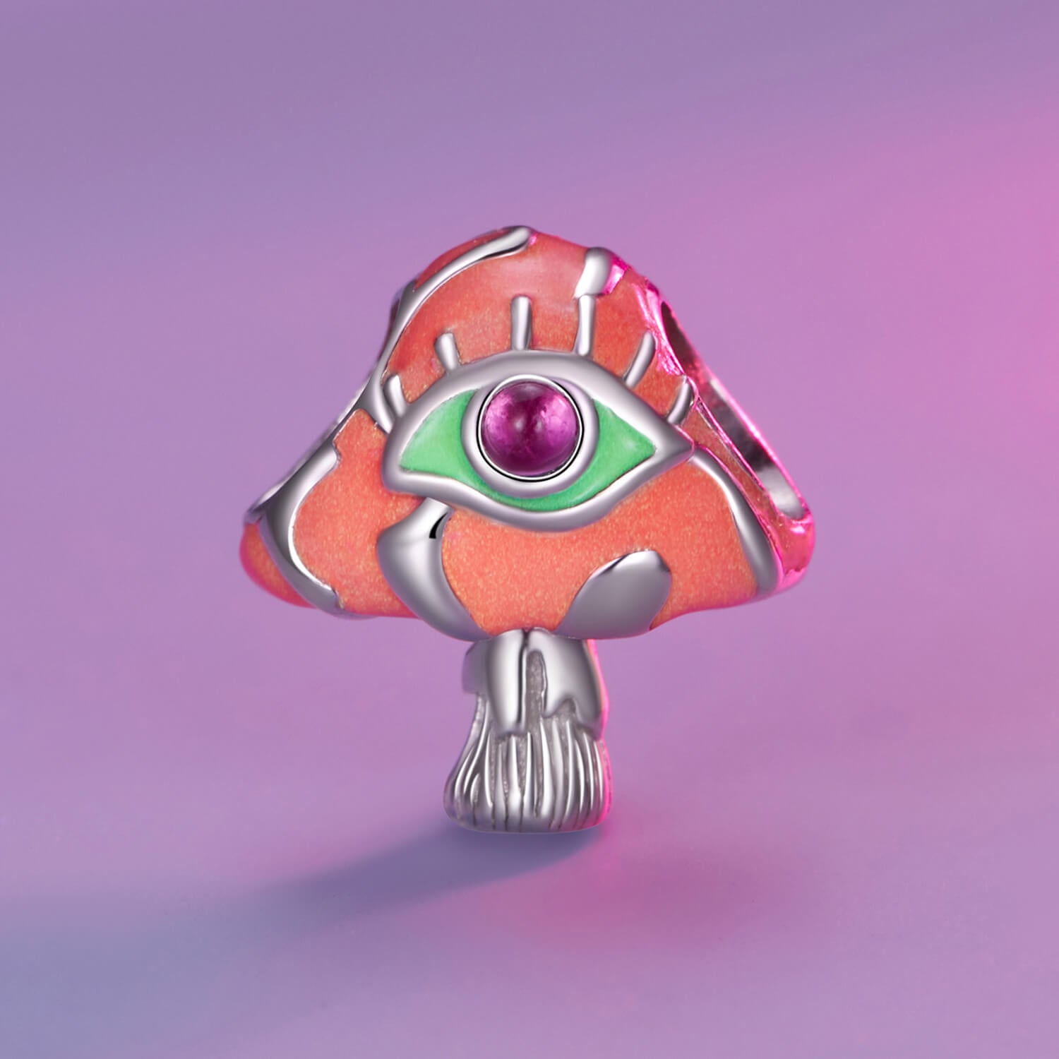 Glow-in-the-dark Hallucinogenic Mushroom Enamel Charm in Sterling Silver front