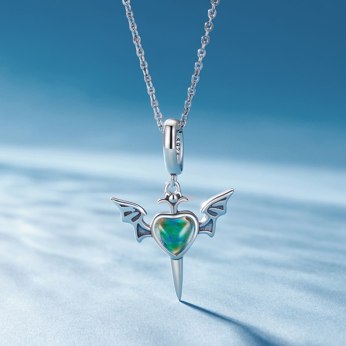 Body Temperature Sensitive Color Changing Mood Stone Charm in Sterling Silver wings pendant