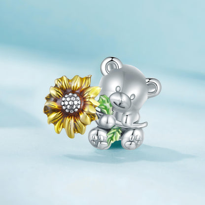 Sunflower Bear Enamel Charm in Sterling Silver front