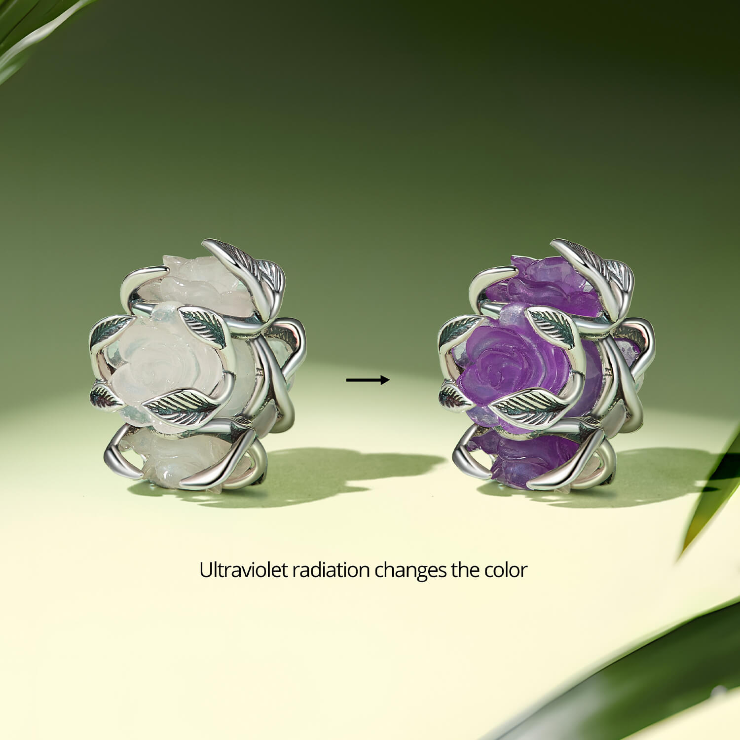 UV Color-changing Purple Rose Vine Resin Charm in Sterling Silver 